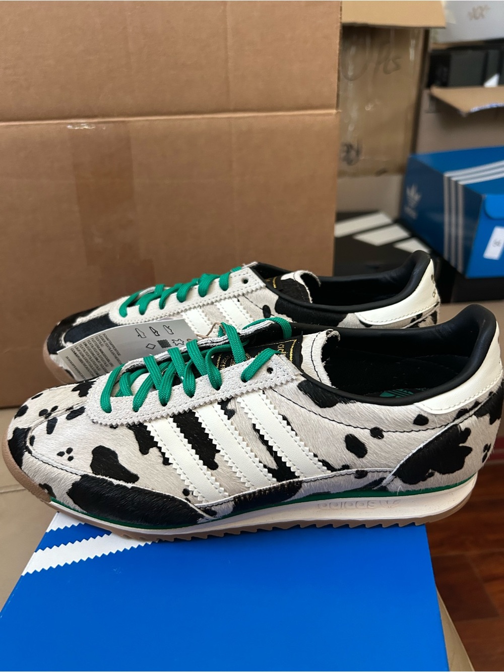 Women’s Adidas Cow Print Samba-Style Sneakers with Green Laces
